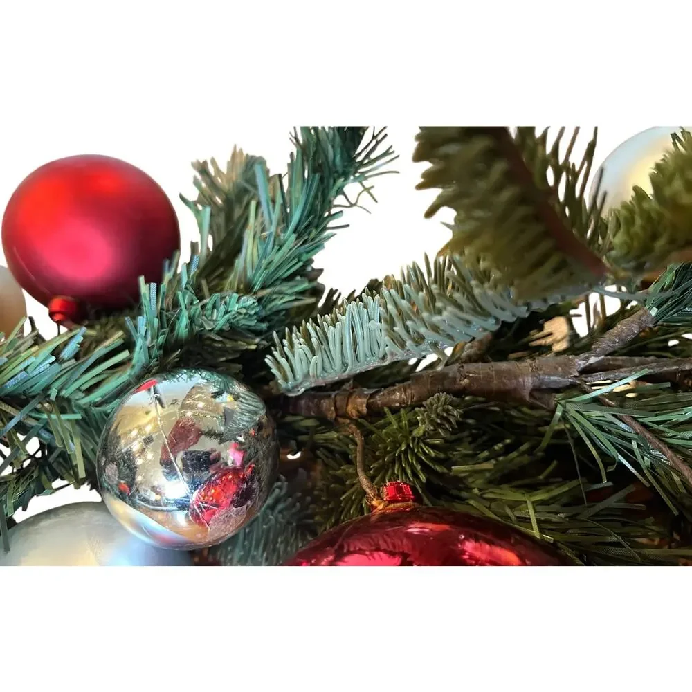 Pottery Barn Christmas Pine Garland Green with Ornament Balls Red Silver 4.5'